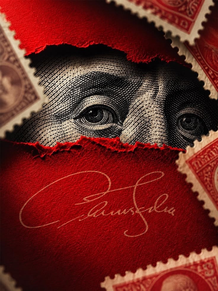Red torn-paper artwork framing engraved eyes, with stamp corners.